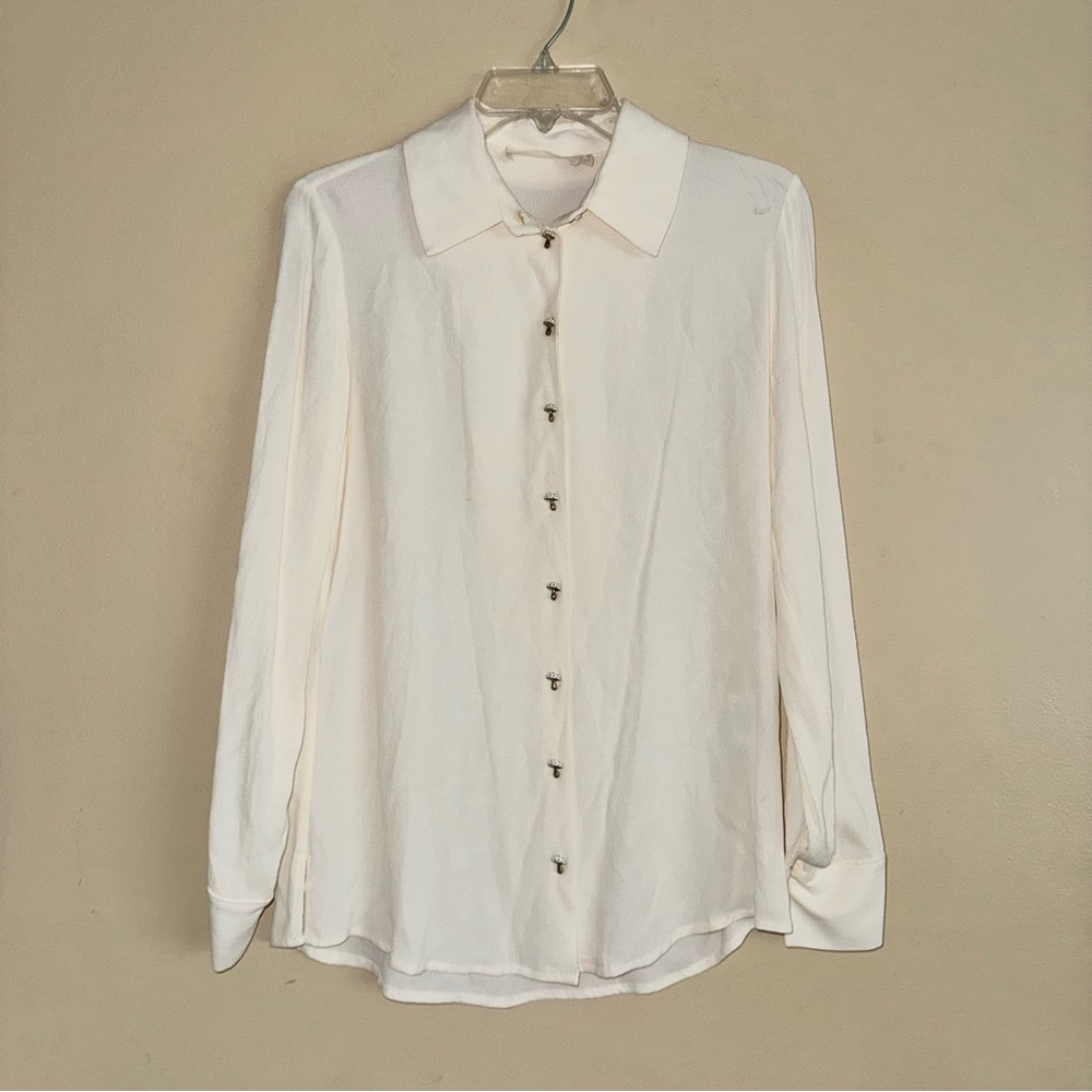 Cris Barros Cream Sheer Mushroom Button Down Long Sleeve Top Size 38/M
